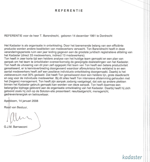 Referentie brief van Kadaster voor Ton Barendrecht